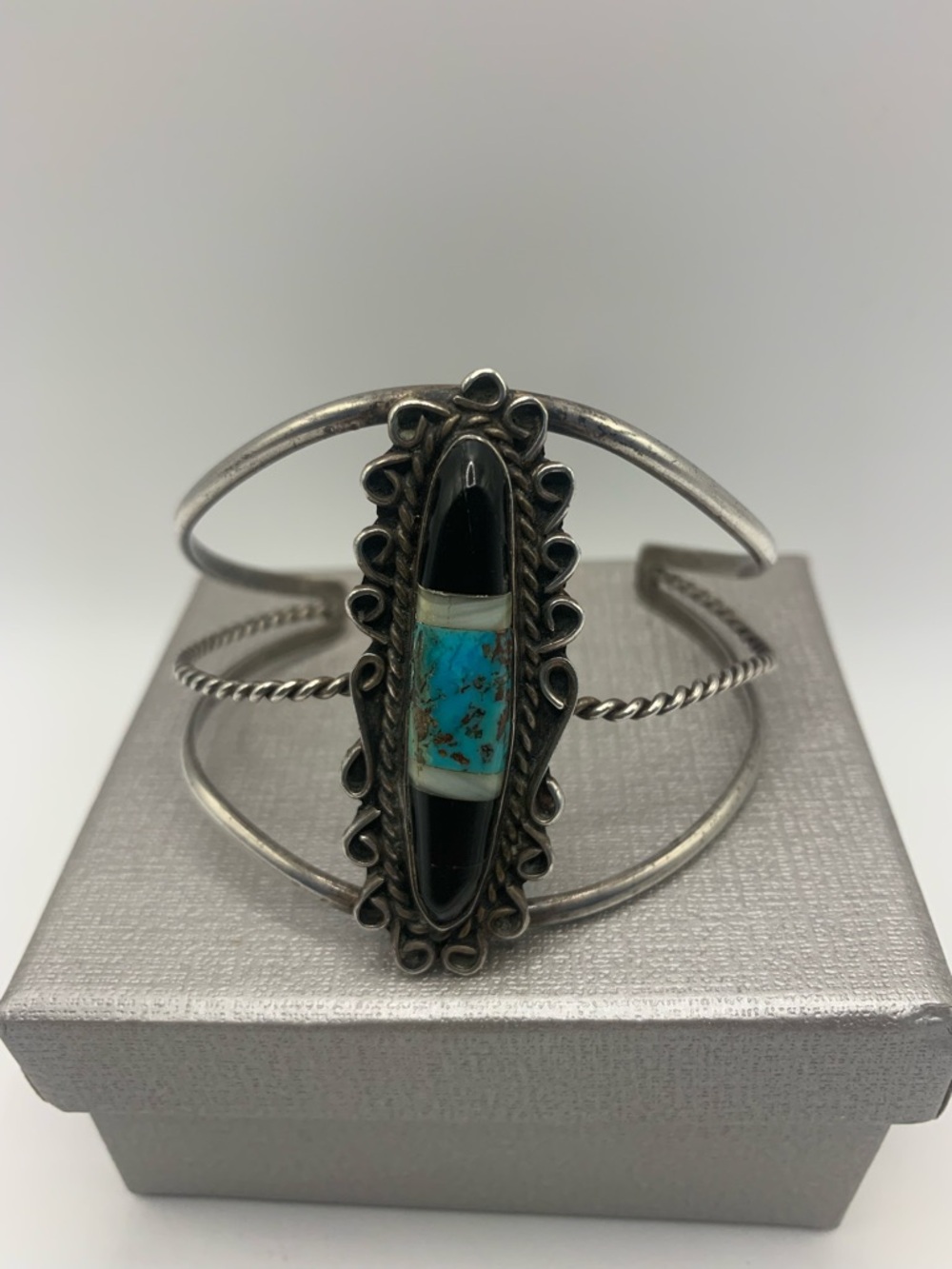 Vintage SS Navajo Cuff Bracelet ( Onyx, Turquoise & MOP Inlay